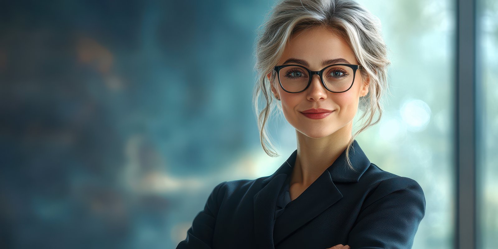 Confident professional woman in glasses poses in modern office setting with bright natural light